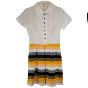 Vintage 1970s Vicky Vaughn Striped White Yellow Black Midi‎ Short Sleeve Dress